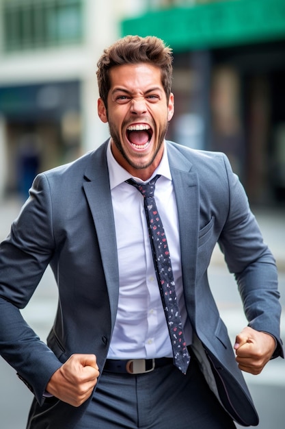 A man in a grey suit is screaming and wearing a white shirt.