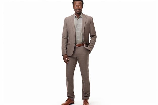 a man in a grey suit stands in front of a white background