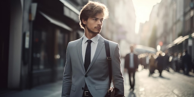 A man in a grey suit stands on a street in the city of paris.