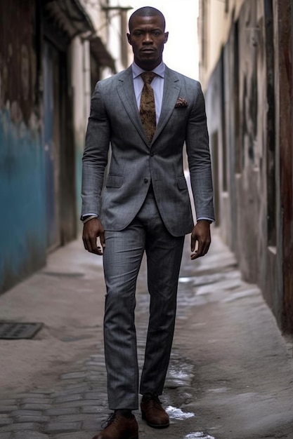 A man in a grey suit walks down a narrow alley.