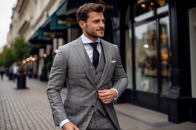 a man in a grey suit walks down a street with a bag in his hand