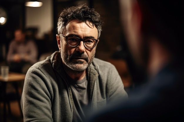 A man in a grey sweater and glasses sits in a bar with a man talking to him.