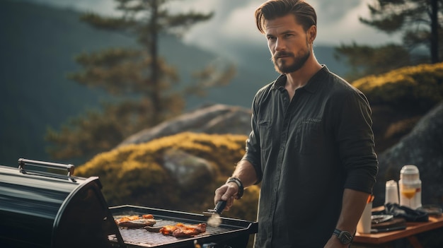 Foto uomo che griglia hot dog su una griglia all'aperto