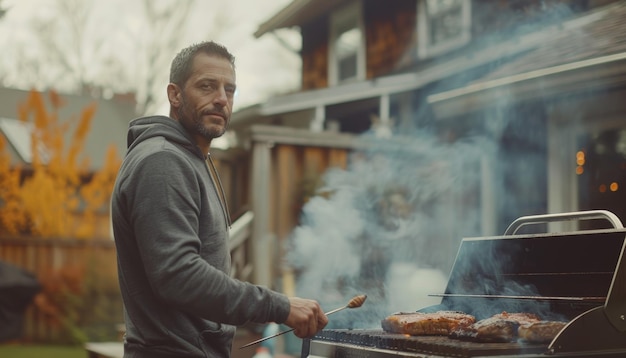 Photo man grilling meat on a barbecue in the backyard wearing a gray hoodie with smoke rising