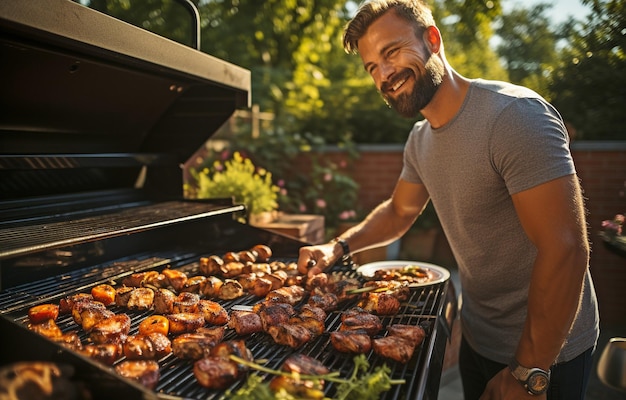 Photo man grilling meat on a barbeque at an outdoor summer celebration