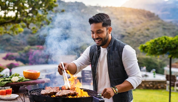 Photo a man grilling meat on a grill with a mountain in the background