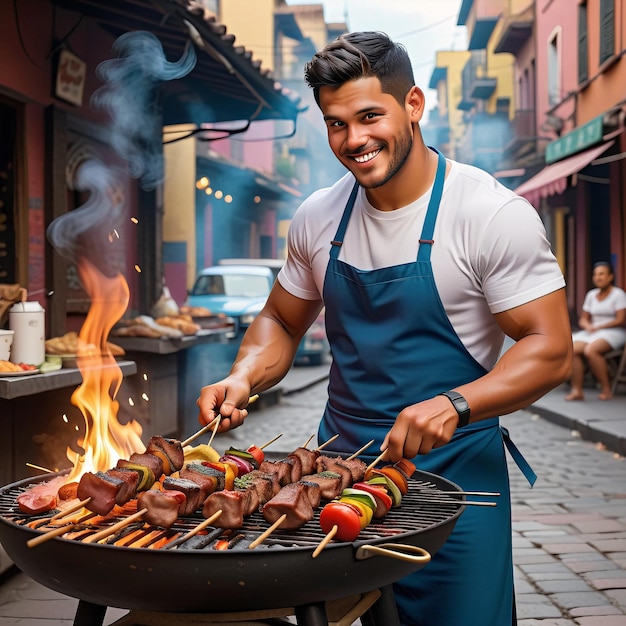 a man grilling meat on a grill