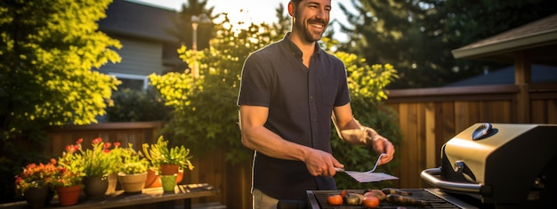 Photo man grills food in the backyard of a house