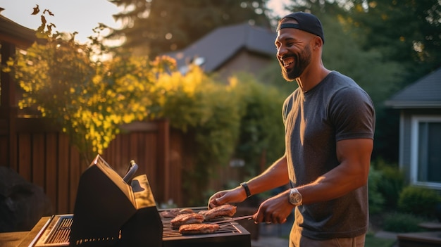 Photo man grills food in the backyard of a house