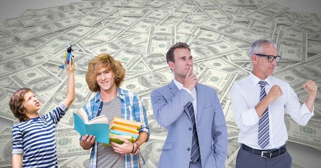 Man Growing up at different age stages of life with money