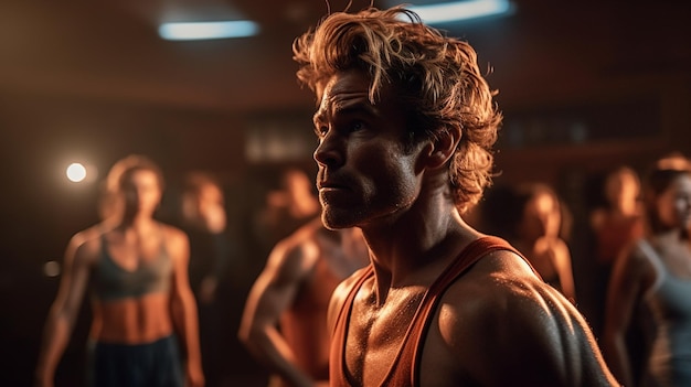 A man in a gym wearing a tank top stands in a dark room with other people in the background.