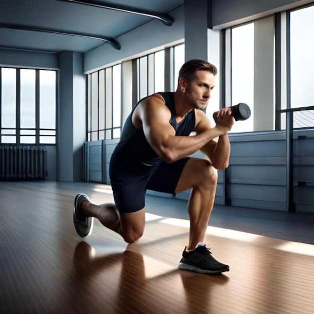 A man in a gym with a dumbbell on his knees