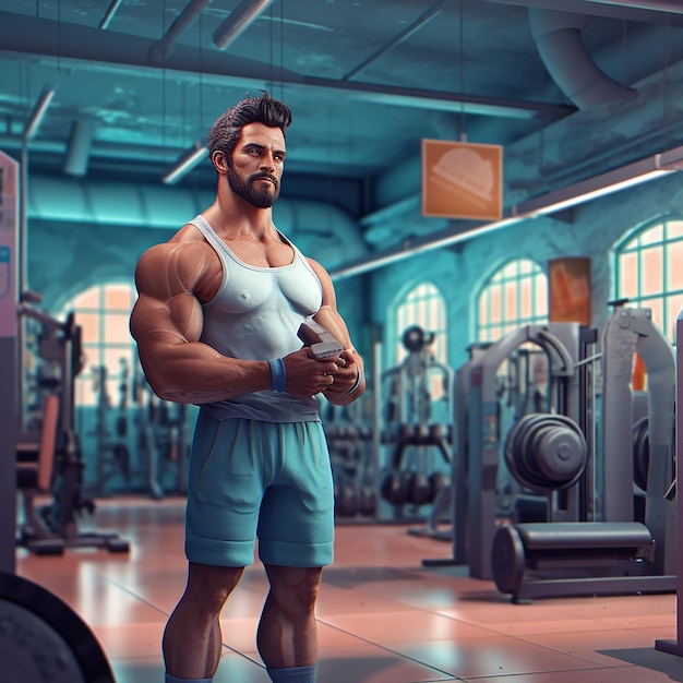 A man in a gym with a sign that says " the word " on it. "