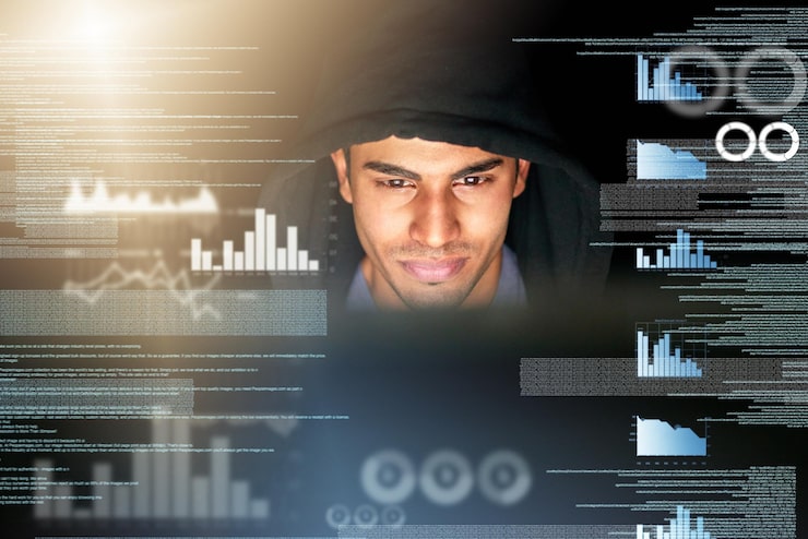 Photo man hacker and hologram with analytics and virus installation for firewall bypass and hub database overlay and dashboard with digital charts and programming and cyber security crime on software
