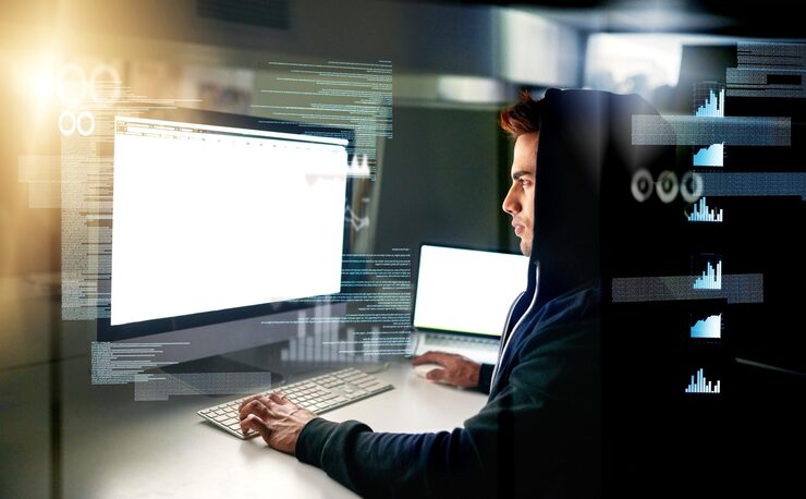 Photo man hacker and hologram with computer monitor and virus installation for firewall bypass and hub database overlay and dashboard with digital charts and programming and cyber crime software
