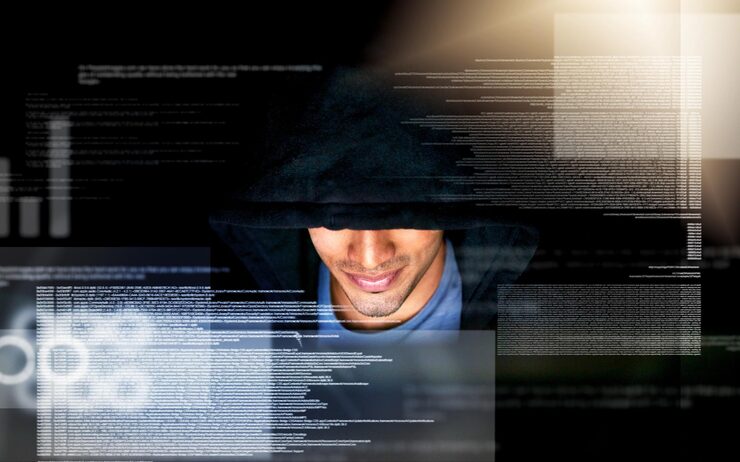 Photo man hacker and hologram with malware and virus installation for firewall bypass and hub database overlay and dashboard with digital coding and programming and cyber security crime on software