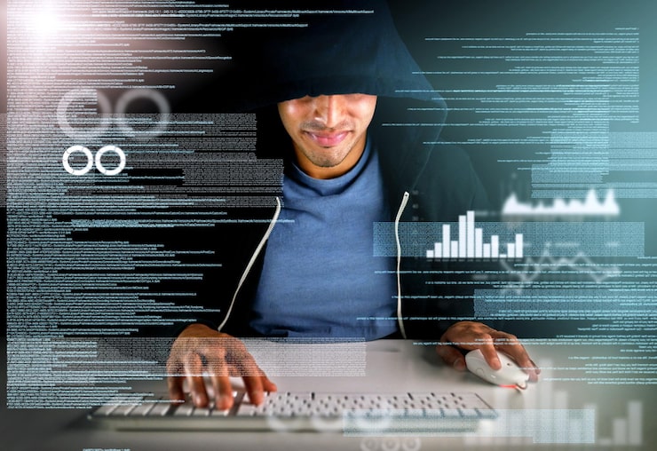 Photo man hacker and malware hologram with smile from virus installation for firewall bypass and hub database overlay and dashboard with analytics and programming and cyber security crime on software