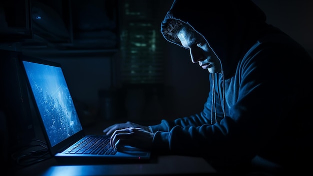 A Man hacking on laptop in office room