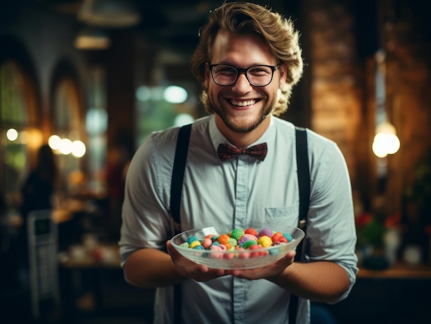 Man in Halloween costume holding a bowl of candy with mischievous grin