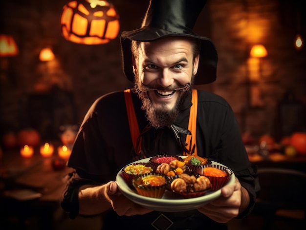 Man in Halloween costume holding a bowl of candy with mischievous grin