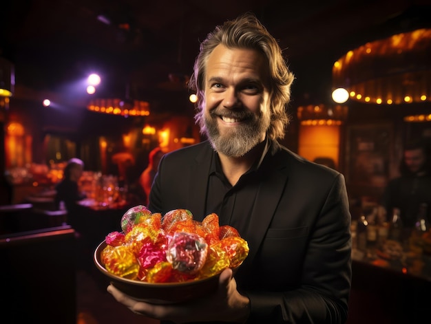 Man in Halloween costume holding a bowl of candy with mischievous grin