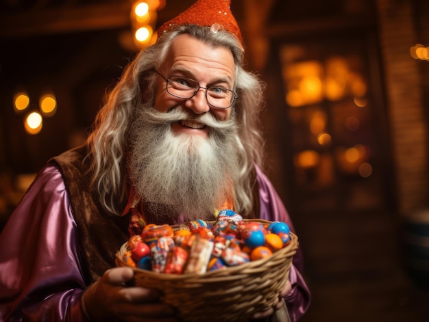 Man in Halloween costume holding a bowl of candy with mischievous grin