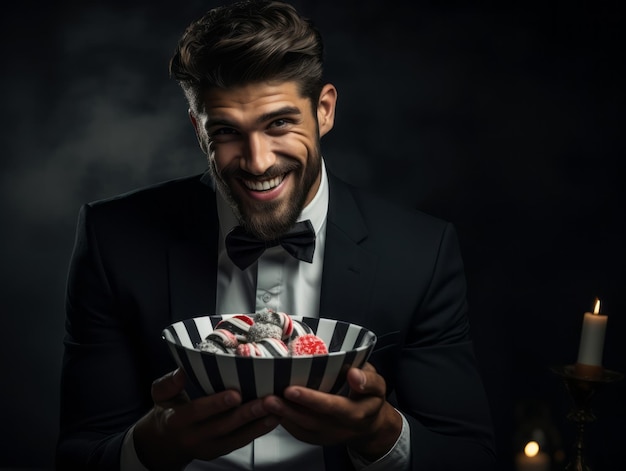 Мужчина в костюме Хэллоуина держит миску конфет с озорной ухмылкой