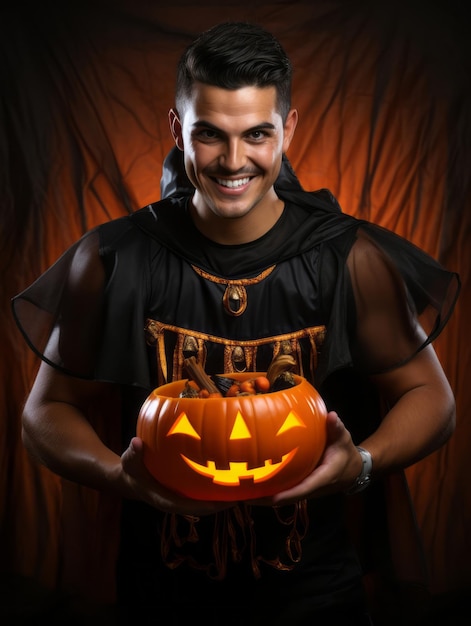 Man in Halloween costume holding a bowl of candy with mischievous grin