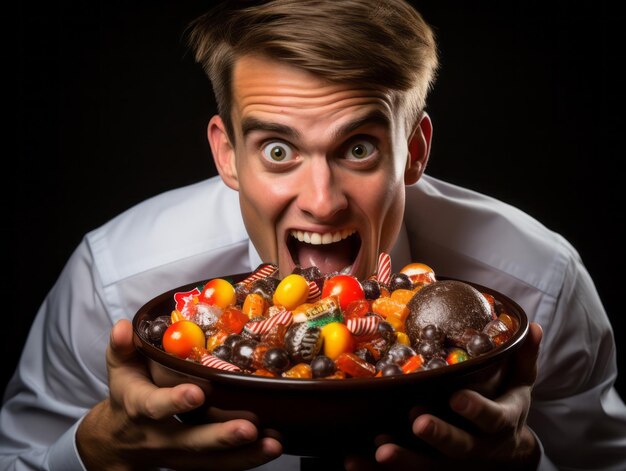 Foto uomo in costume di halloween che tiene una ciotola di caramelle con un sorriso malizioso