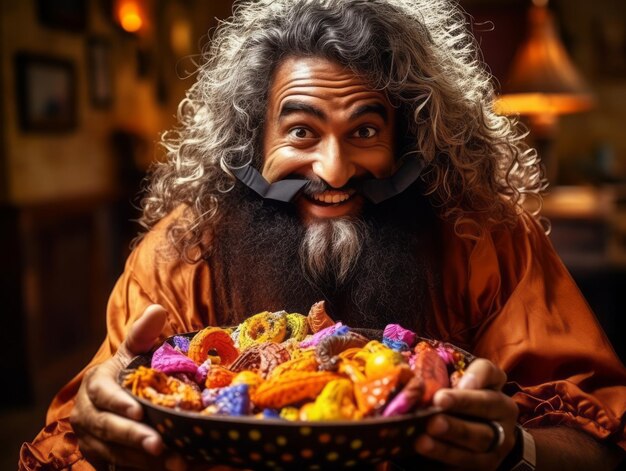 Foto uomo in costume di halloween che tiene una ciotola di caramelle con un sorriso malizioso