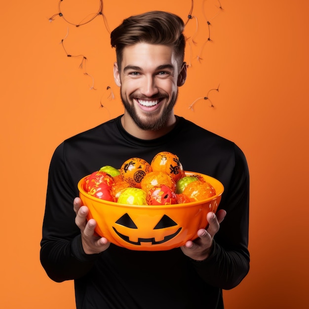 Man in Halloween costume holding a bowl of candy with mischievous grin