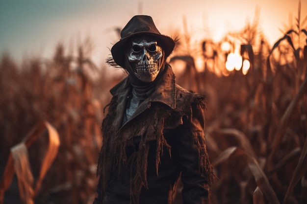 A man in a halloween costume stands in a corn field with a pumpkin in the background.