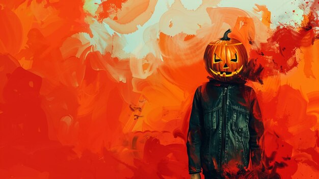 Photo a man in a halloween pumpkin costume stands in front of a colorful background