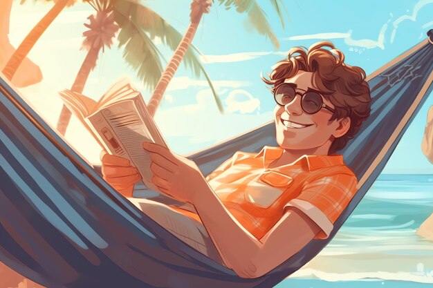 A man in a hammock reading a book on a beach