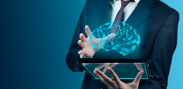 Man hand brain on screen on modern digital tablet