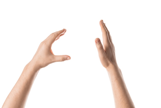 Man hand hold, grab or catch some object, hand gesture. Isolated on white background.