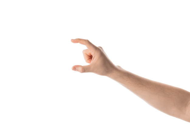 Man hand hold, grab or catch some object, hand gesture. Isolated on white background.