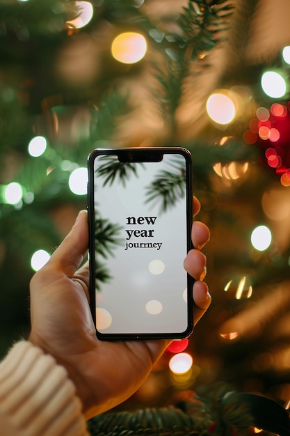 男性の手が携帯電話を握ってテキストの中に新年の旅をしています