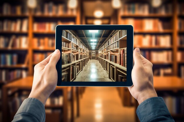 Foto uomo con la mano in mano un tablet in una biblioteca