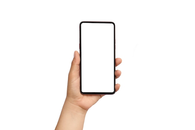 Человек рука черный смартфон и белый экран, изолированные на белом background.clipping путь