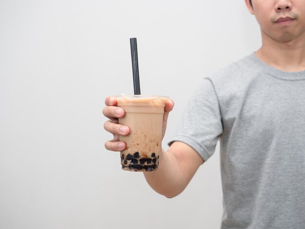 Man hand holding bubble tea isolated