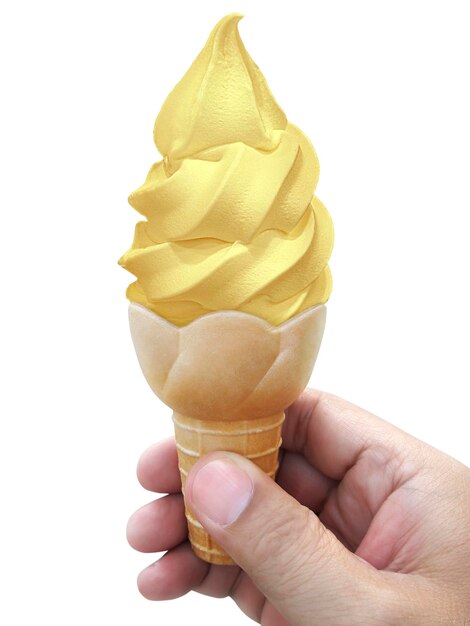 Photo a man hand holding an ice cream cone on a white background