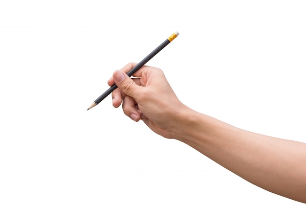 Man hand holding a pencil isolated on white background