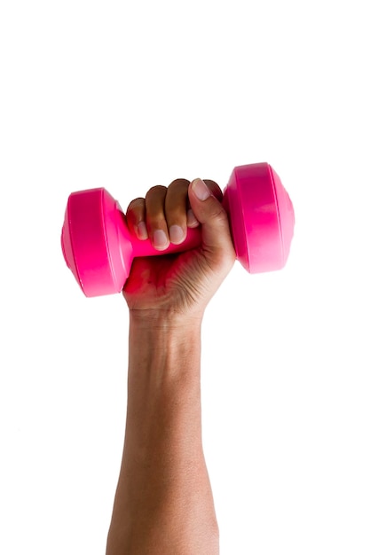 Man hand holding pink dumbbell isolated on white background