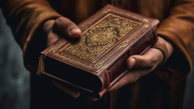 Мужчина держит в руках священную книгу Корана Изображение, сгенерированное AI