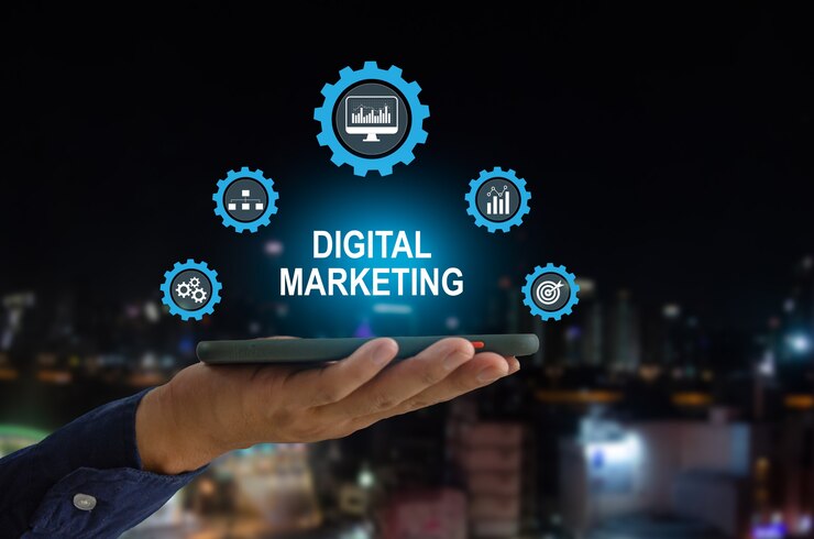 Man hand holding smart phone digital marketing word with icon business virtual screen