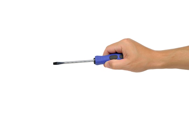 Man hand holds screwdriver an isolate on white background