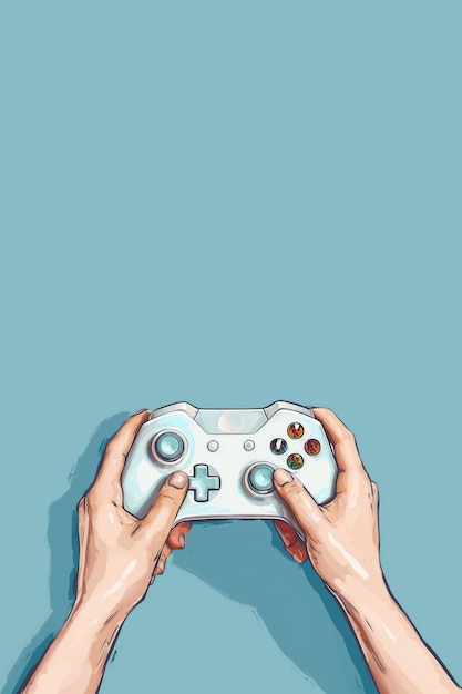Man hand houden gamepad of joystick op gewone kleur achtergrond illustratie met kopieerruimte