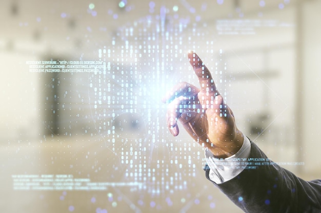 Man hand klikt op abstracte virtuele code schedel hologram op wazige kantoor achtergrond cybercrime en hacking concept Multiexposure