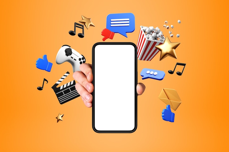 Foto man hand met leeg scherm online entertainment iconen